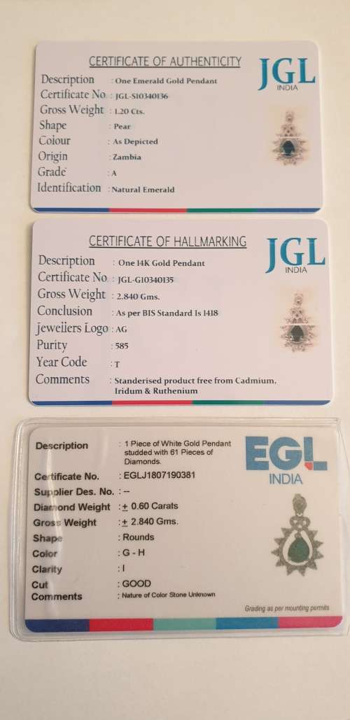 14ct White Gold EGL Double Certified Natural Diamond & Zambian Pear Shape Emerald Pendant 1.80tcw