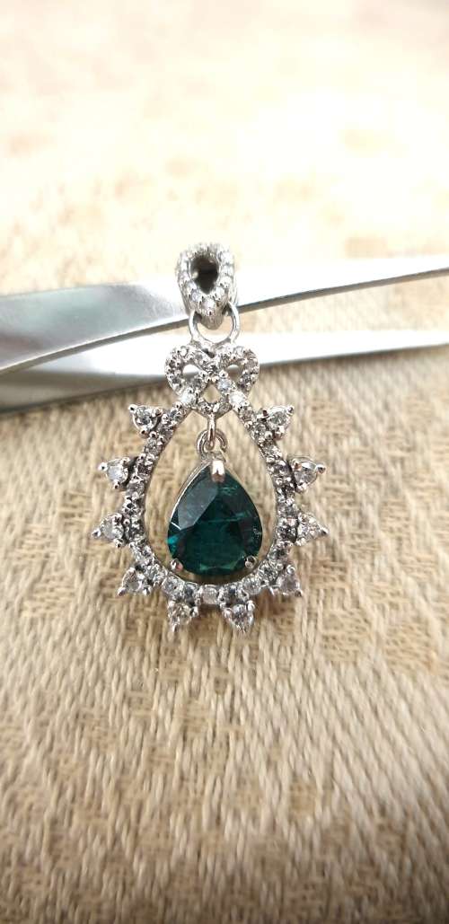14ct White Gold EGL Double Certified Natural Diamond & Zambian Pear Shape Emerald Pendant 1.80tcw