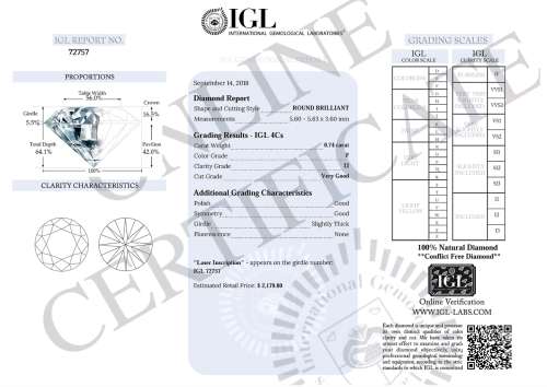 IGL Certified Natural Not Enhanced Diamond: 0.76ct Round Cut I2/F COLOURLESS ! R68500
