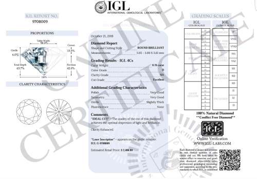 IGL Certified Natural Loose Diamond: 0.76ct  SI1/D !