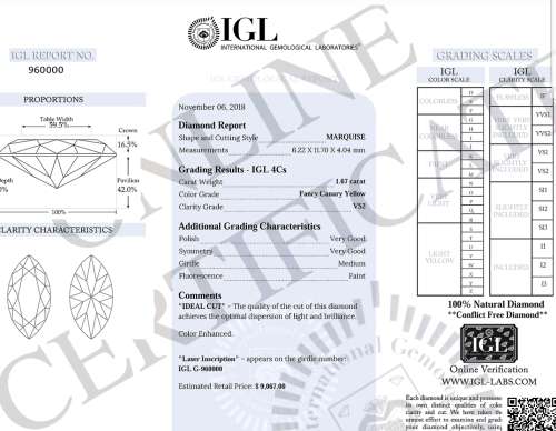 IGL LAB Certified Natural Fancy CANARY Yellow Diamond: 1.67ct Marquise Cut VS2 : R135 000