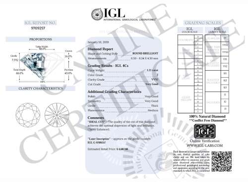 A Superb Top Quality 1.21ct Lab Certified Natural Round Cut Diamond VVS2 / J - Absolutely Gorgeous!