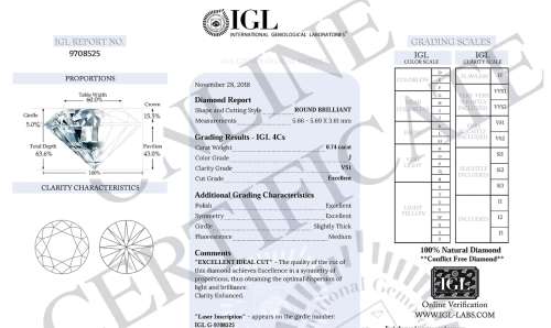 A Superb Top Quality 0.74ct Lab Certified Natural Round Cut Diamond VS1 ! Gorgeous!