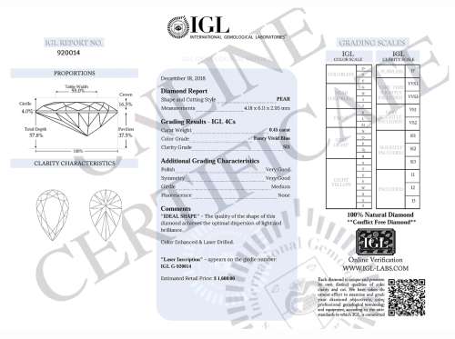 Beautiful 0.45ct Lab Certified Natural Pear Cut Fancy Vivid Blue Diamond SI1