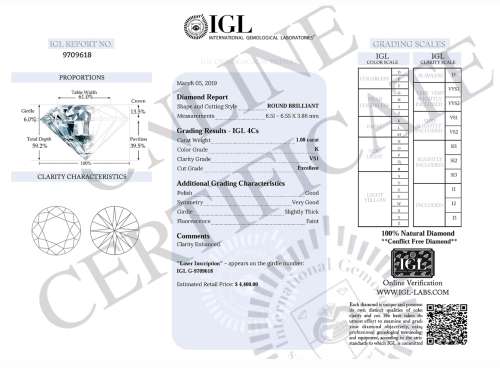 Huge 1.08ct IGL Lab Certified Natural Round Brilliant Cut Diamond VS1 / K ! Massive 6.5mm