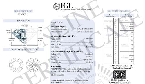 A Superb  0.70ct IGL Certified Natural Round Brilliant Cut Diamond VVS1 / J - Stunning Colour !