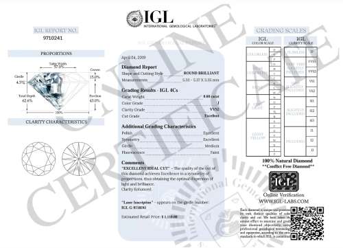 Superb Engagement 0.60ct IGL Certified Natural Round Cut Diamond VVS2 / J - Stunning Brilliance !