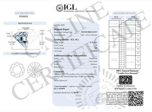 0.74ct IGL LAB Certified Natural Round Brilliant Cut Diamond SI2/F