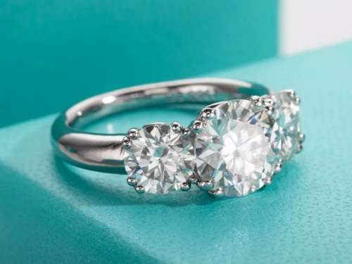 Certified 3.00ct Brilliant Round Cut Moissanite Trilogy Ring Double 18K White Gold over Sterling