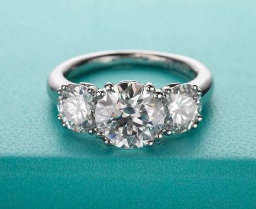 Certified 3.00ct Brilliant Round Cut Moissanite Trilogy Ring Double 18K White Gold over Sterling