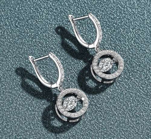 Certified 2.00ct Brilliant Round Moissanite Dangle Halo Earrings Double 18K White Gold over Sterling