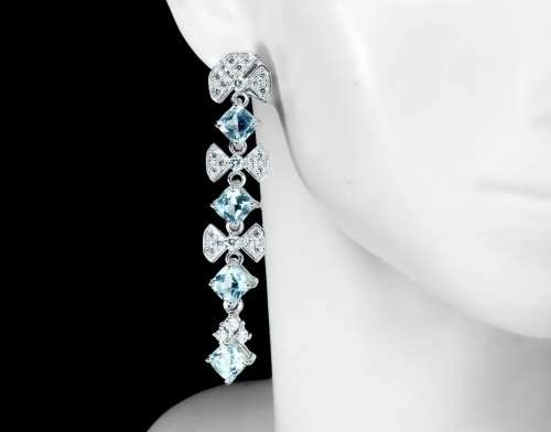3.60cts Natural Blue Topaz Cocktail Earrings | 18K White Gold over Solid Sterling Silver