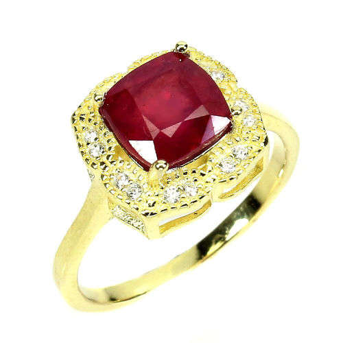 2.20ct Natural Earth Mined Cushion Cut Ruby Ring | 18K Yellow Gold over Solid .925 | Size N / 7