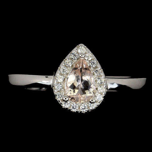 Natural Earth Mined Pink Manganite Halo Pear Ring | 18K White Gold over Solid .925 | Size L/6