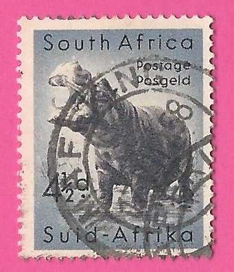 Union of SA. SACC156 Animal Definitive series 4½d Hippo Mafikeng 1958 Post Mark