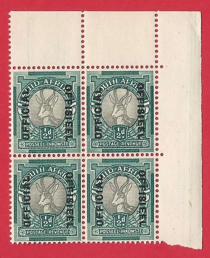 Union of SA. SACC O37. 1/2d Official. Right top Corner block