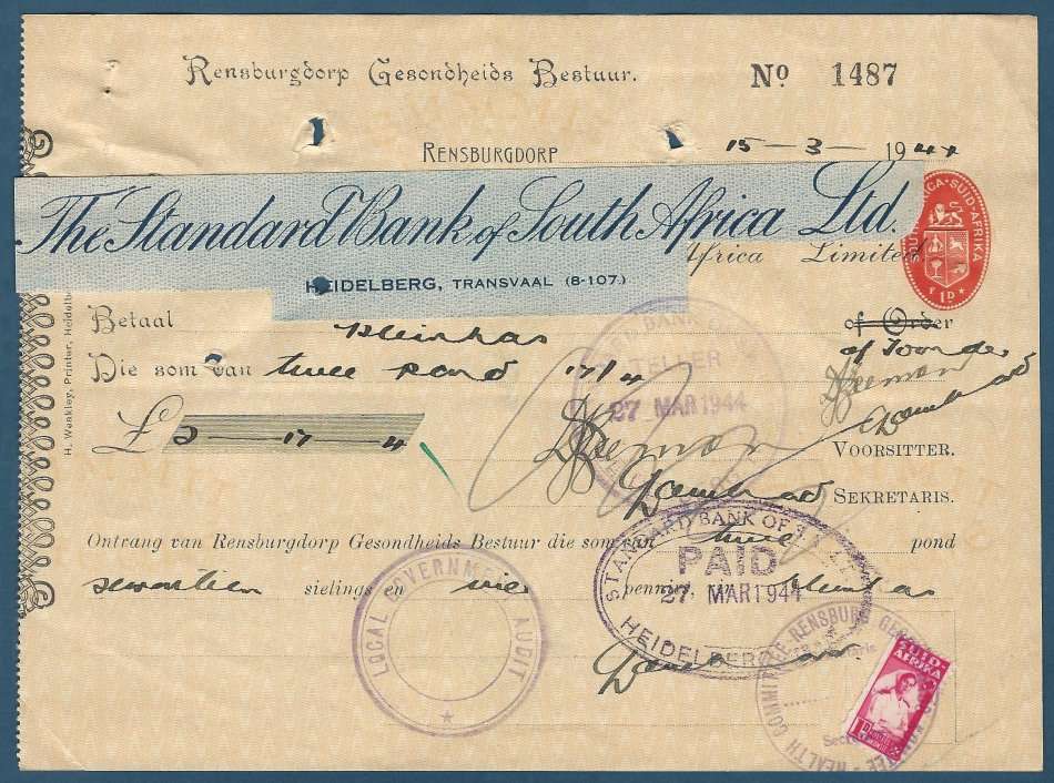 The Standard Bank of South Africa, modified Barclay's Bank, Heidelberg Cheque 1944 No.1487
