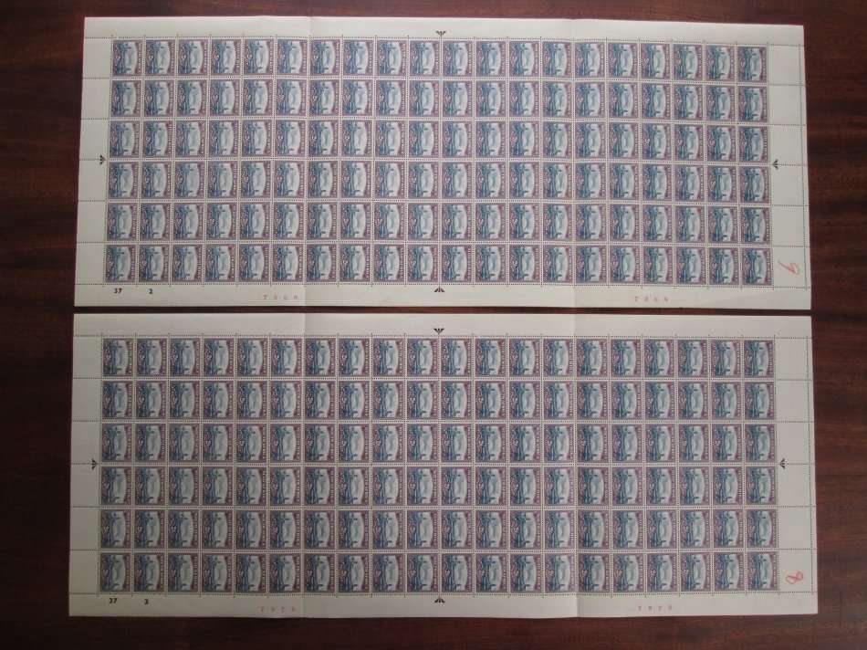 Union of SA. SACC115 1950 Pictorial issue. Full Sheets with all 7 listed UHB varieties.First for BoB