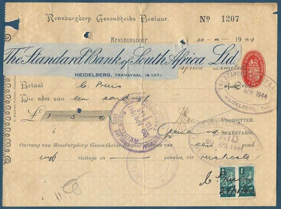 Union. 1 x Barclays Cheque edited to Std Bank Cheque  1944 Heidelberg TVL 2 x ½d Small war Revenue