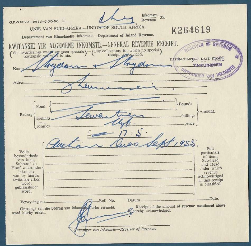 RSA Dept of Inland Revenue (SARS) Receipt Sept 1955