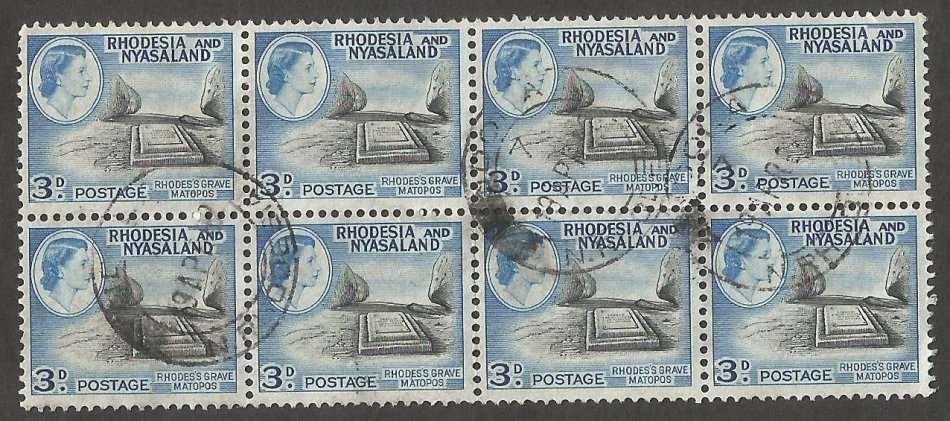 Rhodesia&Nyasaland 3d - Block of 8 Stamps- Used - Cancel - Postmark