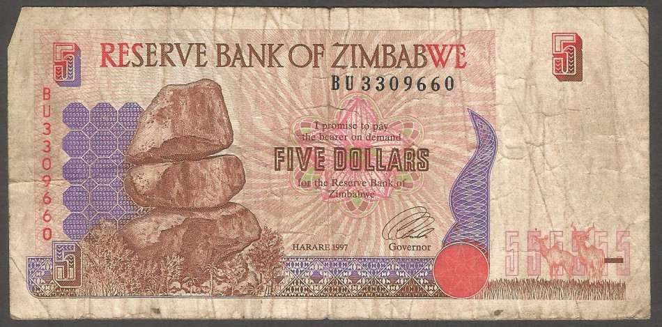 Bank Note- Used- 1997- Zimbabwe- $5- Sold As Is (P-5b)