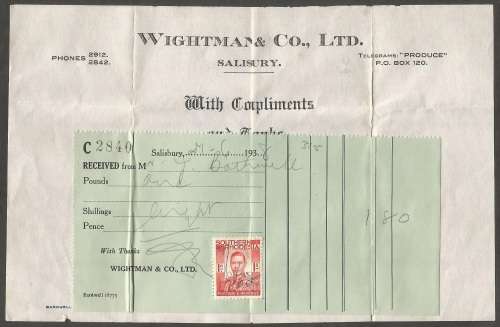 Southern Rhodeasia Receipt, Wightman and Co.1938