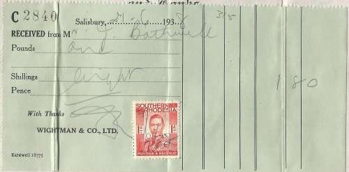 Southern Rhodeasia Receipt, Wightman and Co.1938