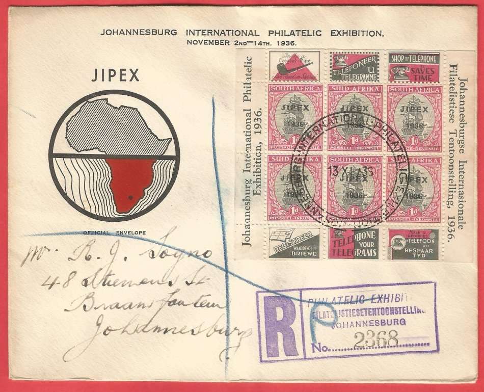 FDC- Union of South Africa- 1936- Jipex Covers- Used- Cancel
