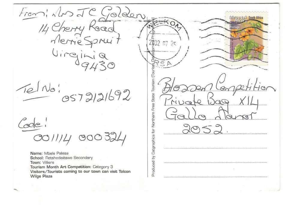 Post Card- Tolcon- Wilge Plaza- Used- Cancel- Welkom- 2002- Blossom Competition