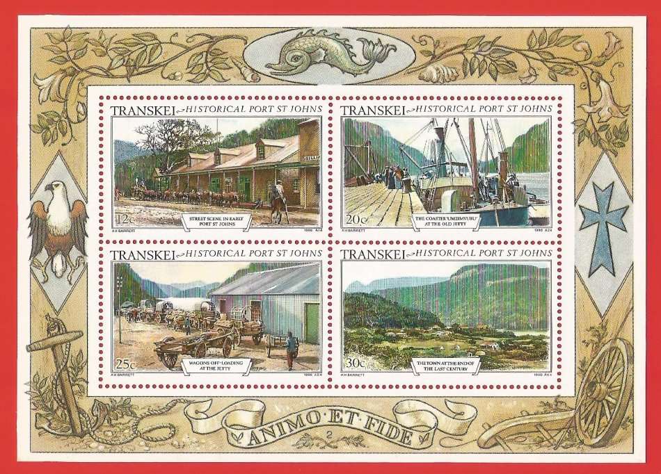 Transkei-1986-M/S-MNH-SACC185-Thematic-Buildings-Fauna-Landscape-Transport-Boat-Cart