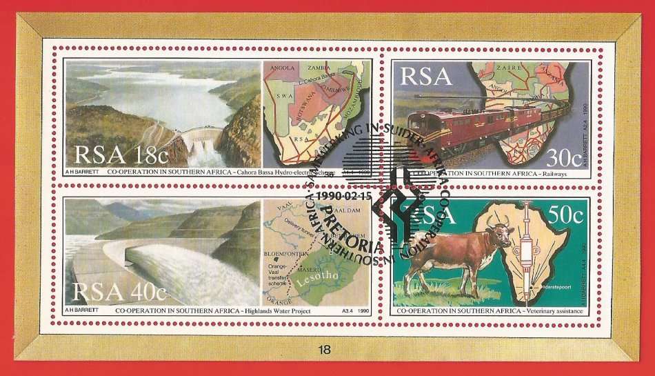 RSA-1990- M/S-CTO- SACC 719-Thematic-Flora-Fauna-Dam-Map-Cattle-Transport-Train