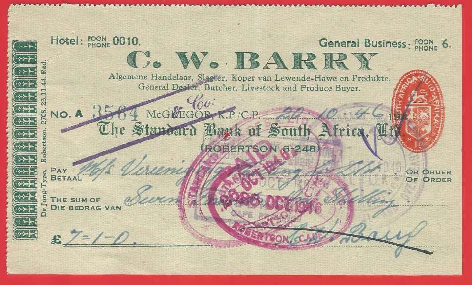 Union of SA-The Standard Bank of South Africa Ltd-Cheque-1946-Postmark-Cancel