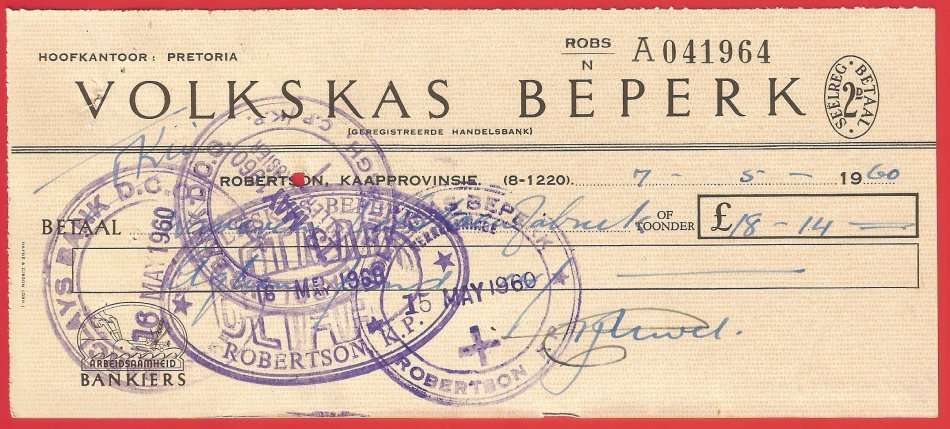 Union of SA-Volkskas Beperk-Cheque-1960-Postmark-Cancel