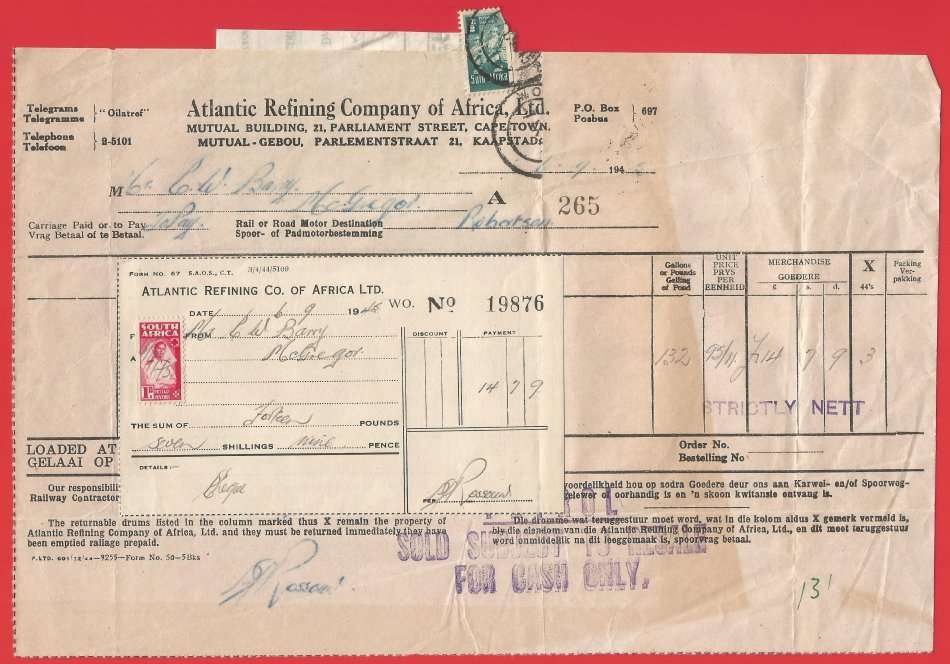 Union of SA-Atlantic Refining Company Of Africa Ltd(BP)-Invoice+DrumandCash Receipt-1945-Postmark