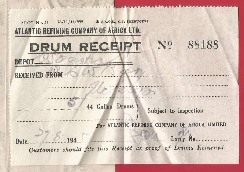 Union of SA-Atlantic Refining Company Of Africa Ltd(BP)-Invoice+DrumandCash Receipt-1945-Postmark