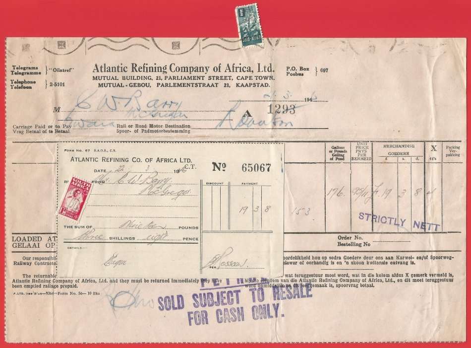 Union of SA-Atlantic Refining Company Of Africa Ltd(BP)-Invoiceand Receipt-1946-Postmark