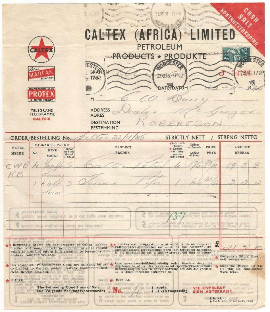 Union of SA-CALTEX AFRICA LIMITED-Cash Sale Slip-1945-Postmark