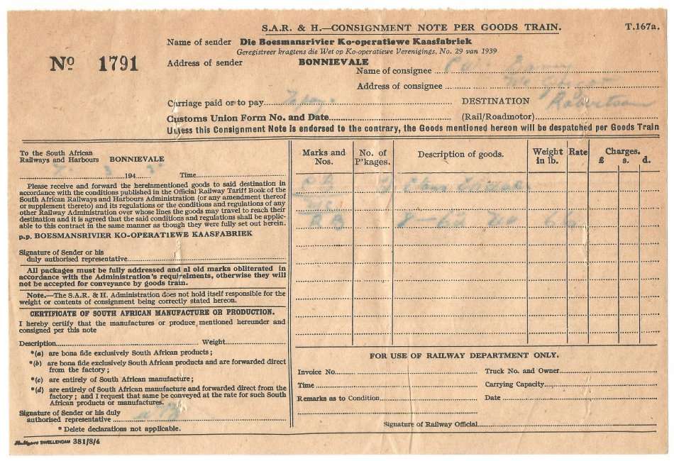 Union of SA-South African Railways and Harbours Consignment Note Per Goods Train-No 1791