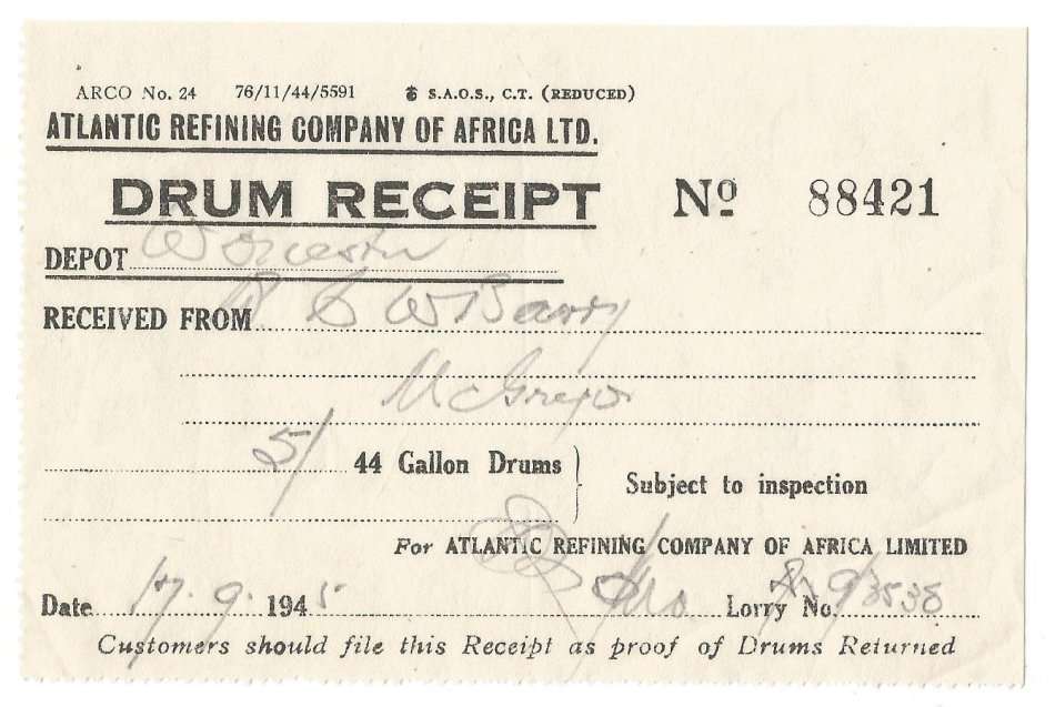 Union of SA-Atlantic Refining Company Of Africa Ltd(BP)-Drum Receipt-1945-No 88421