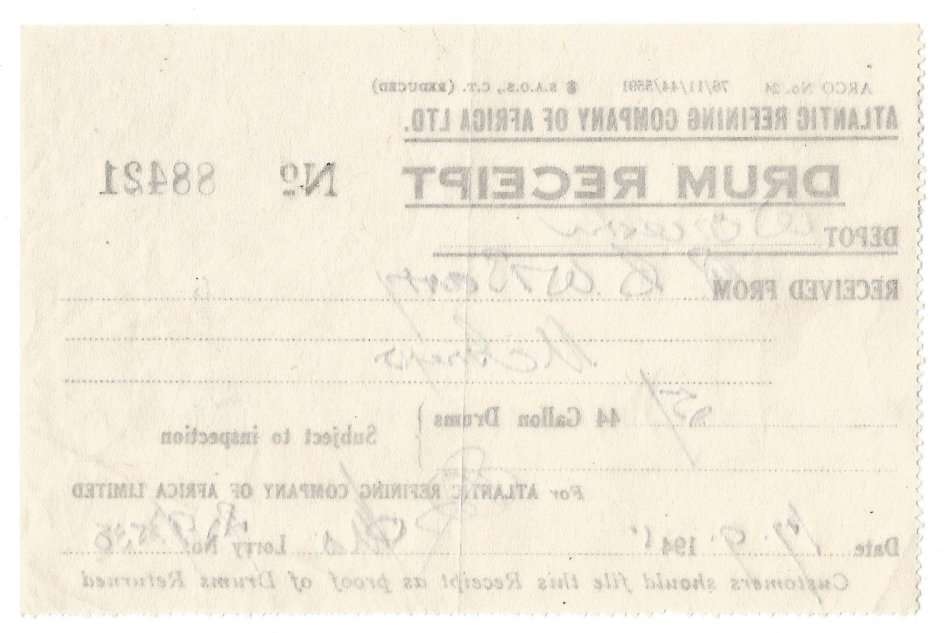 Union of SA-Atlantic Refining Company Of Africa Ltd(BP)-Drum Receipt-1945-No 88421