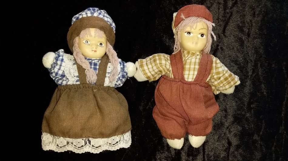 Pair of Collectors Dolls-Small- Not Marked Check shirts and brown overalls