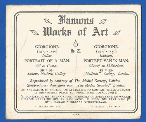 Vintage-Collectable-1xCigarette/Tobacco Card-Famous works of Art-No21-Portrait of A Man