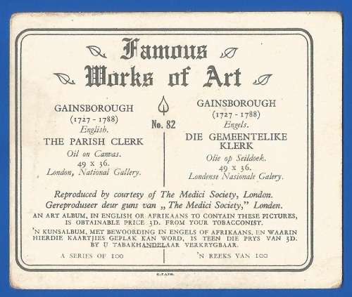 Vintage-Collectable-1xCigarette/Tobacco Card-Famous works of Art-No82-The Parish Clerk