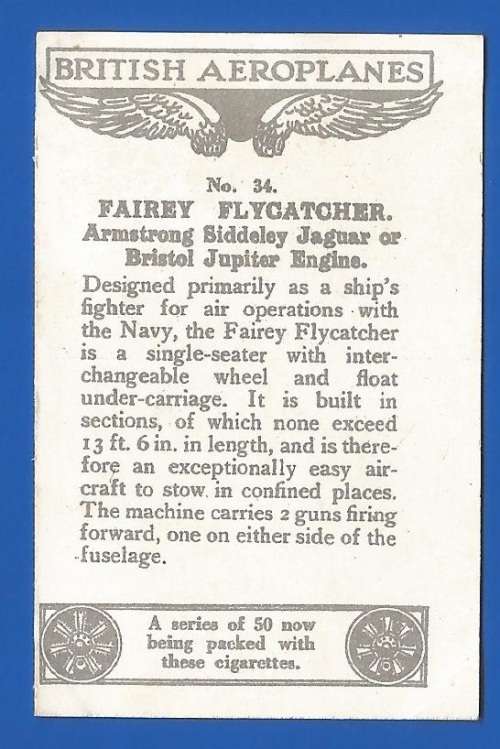 Vintage-Collectable-1xCigarette/Tobacco Card-No34-British Aeroplanes-Thematic-Transport-Plane