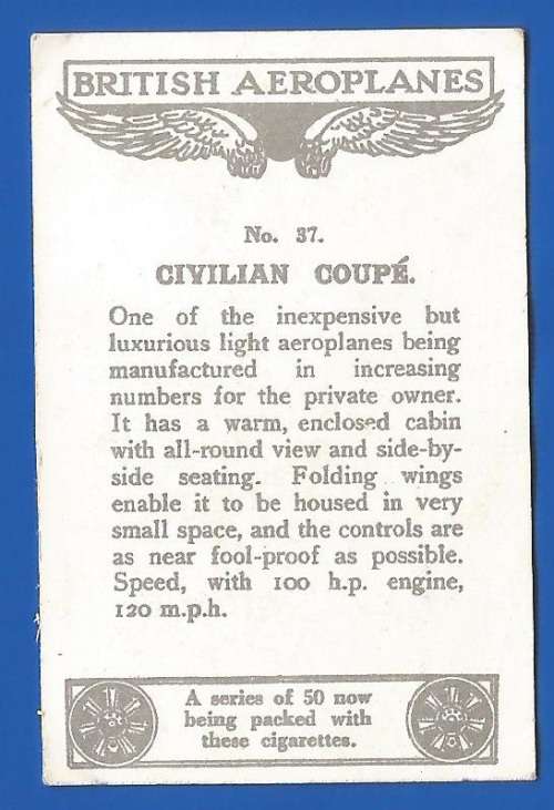 Vintage-Collectable-1xCigarette/Tobacco Card-No37-British Aeroplanes-Thematic-Transport-Plane