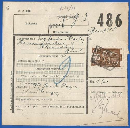 1985 -Belgium  Remboursement Document - No486