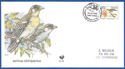 RSA-FDC-Cover-1995-SACC 6.18-Additional Value to the Definitive Issue-Addressed-Thematic-Fauna-Birds