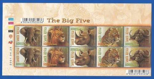 RSA-2001-MNH-Sheetlet-SACC1368-The Big Five Setenant Strip of 5 Stamps-Thematic-Fauna-Big Five