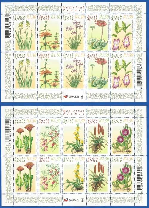 RSA-2000-MNH-Sheetlets-SACC1270-1279-Medicinal Plants-Thematic-Flora-Flowers